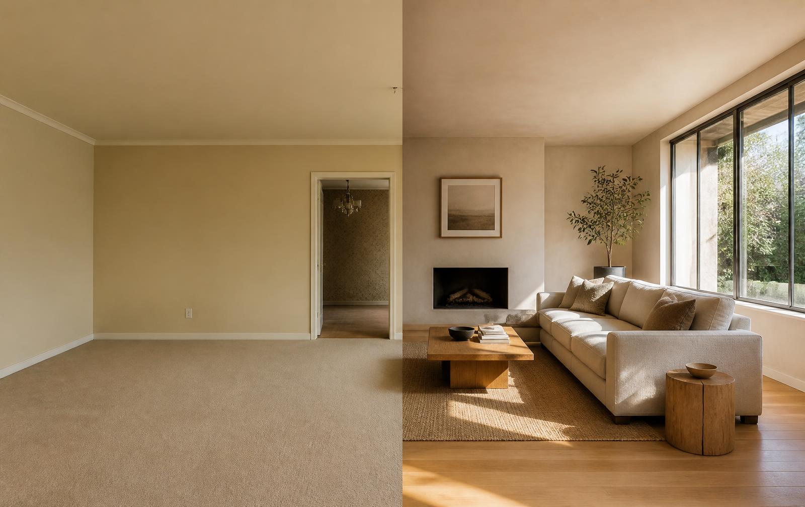 A living room shown half in its dated original state and half after a warm minimalist renovation